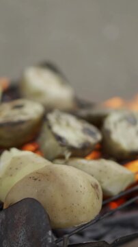 Potatoes are being grilled on a metal grate above a lively fire, capturing the essence of outdoor cooking. The flames and rustic setup evoke warmth and a sense of culinary adventure