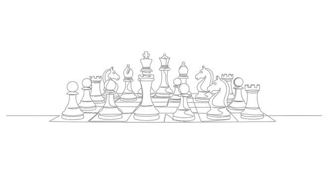 Chess Game Setup, Strategy Board Game, Minimalist Line Art
