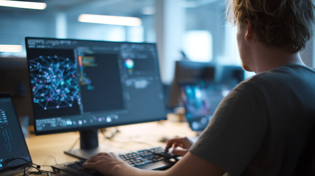Young software developer working on artificial intelligence algorithms and data visualization in a modern office. Focused programmer coding innovative machine learning solutions on a large monitor
