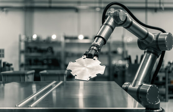 Industrieroboterarm greift Metallbauteil in moderner Fabrikhalle