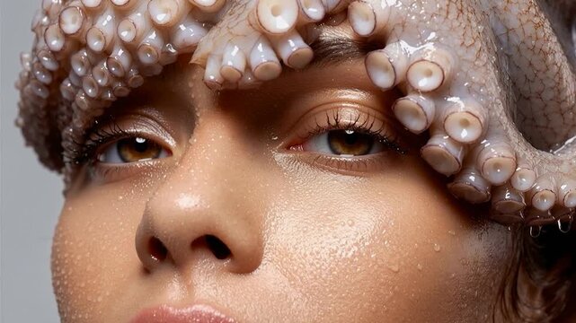 Close up portrait of woman with octopus elements capturing creative beauty concept and marine inspired fashion with detailed texture and expressive gaze