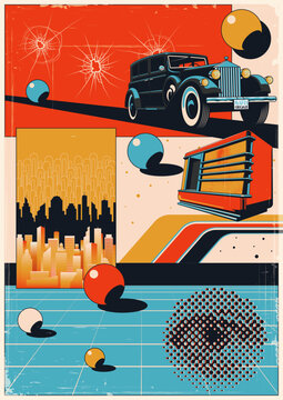 Abstract Poster 1980s Style. Retro Car, Retro Radio, Modern Cityscape, Bullet Holes, Abstract Objects