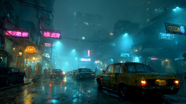 雨に濡れるアジア風のサイバーパンクな街並みとクラシックカー 夜の路地