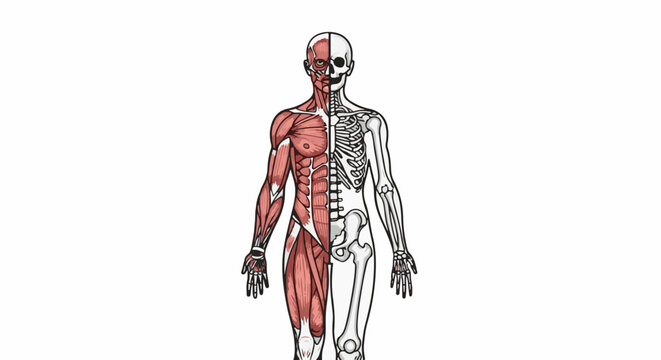 Anatomical illustration of human body showing muscles and skeleton