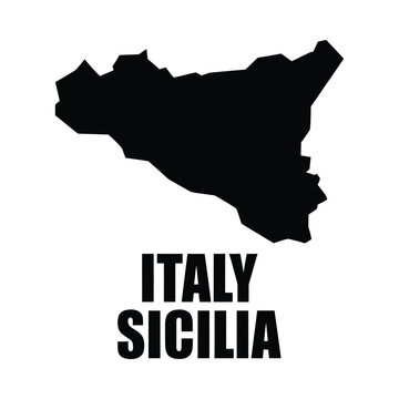 A stark black silhouette of sicily italy with the island s name displayed below it