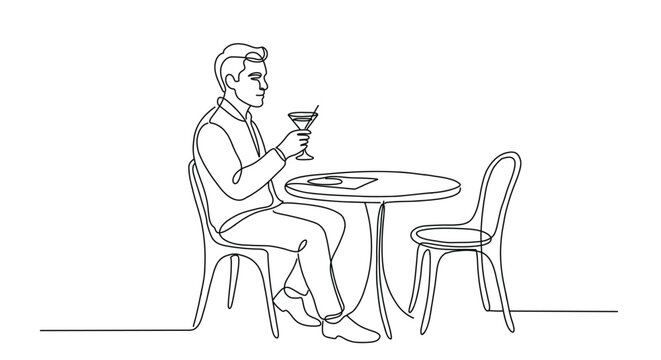 Continuous line drawing of a man sitting at a cafe table drinking a cocktail. Minimal line art illustration representing relaxation, lifestyle, bar and social concept