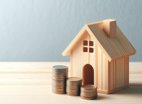 Wooden House with Coin Stacks &mdash; Real Estate Investment and Mortgage Growth Concept