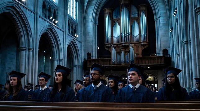 Diverse group of young adults in graduation caps and gowns celebrating commencement ceremony inside majestic gothic cathedral with pipe organ backdrop.