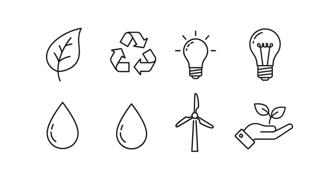 Eco friendly icons leaf recycle lightbulb waterdrop wind turbine plant