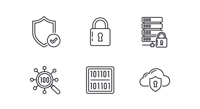 Data protection icons shield lock cloud server binary code concepts