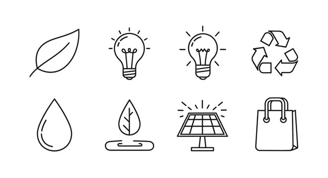 Eco friendly icons leaf lightbulb recycle drop solar panel and shopping bag