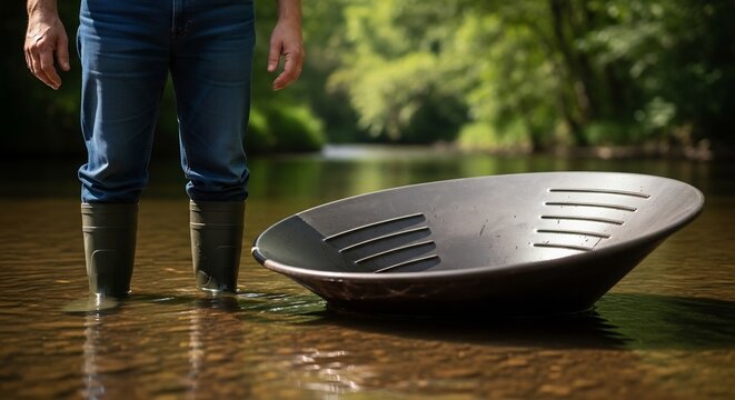 Prospector Standing in River with Gold Panning Equipment Ready for Use.