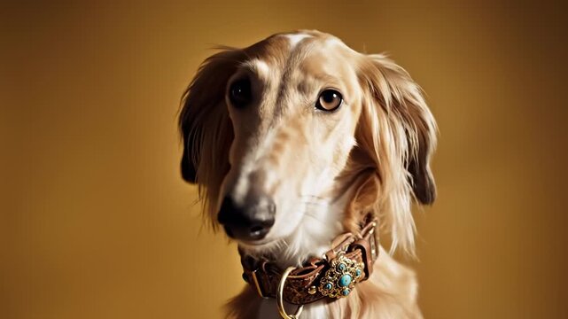 Elegant Saluki Dog Wearing Ornate Collar With Turquoise Jewels, Studio Portrait