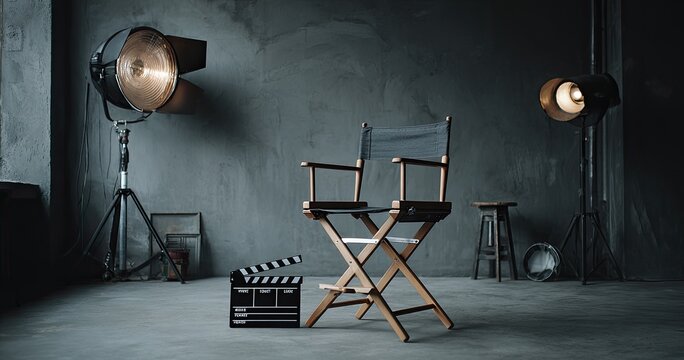 Empty director's chair, clapperboard, and studio lights in a minimalist grey set