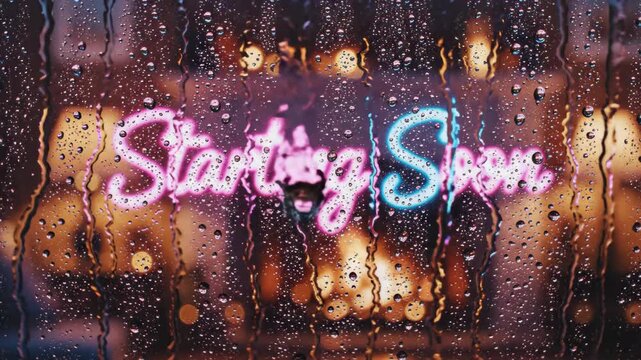 Neon Text Starting Soon on Rainy Glass for Livestream Backgrounds