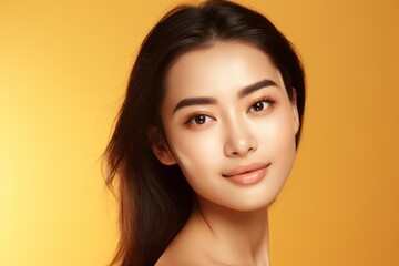 Fototapeta premium Young asian woman with flawless skin posing on a vibrant yellow background, showcasing her natural beauty and healthy complexion