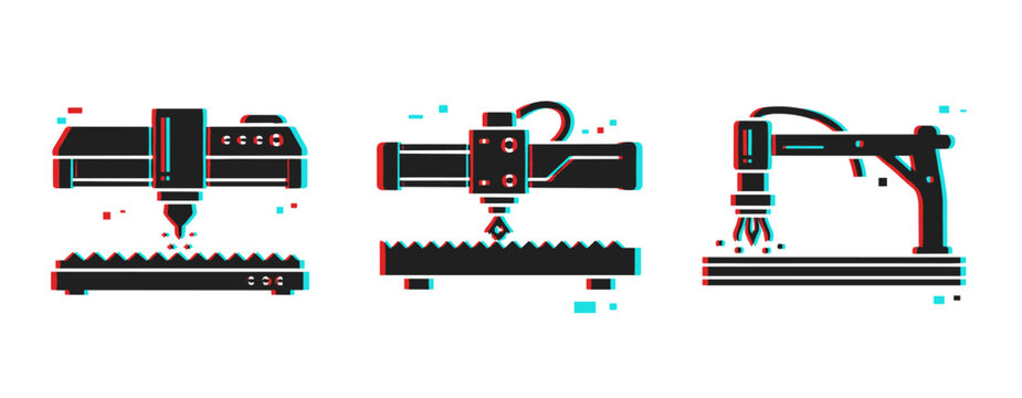 Glitchy 3d icon set of industrial machinery: laser cutting, cnc milling, 3d printing