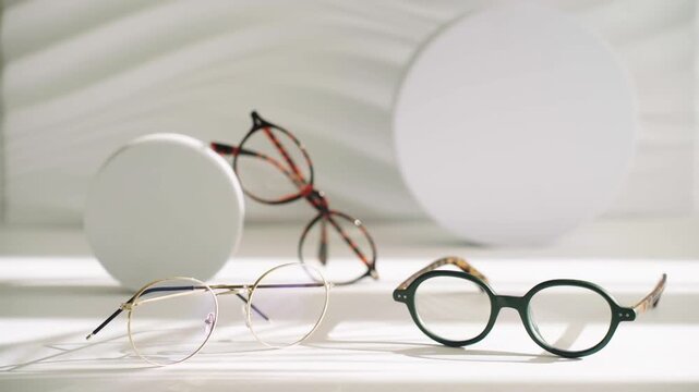 New sunglasses and eyeglasses collection, stylish frames on white decorative background, eyewear fashion industry, promotional display for optical stores and online shopping platforms