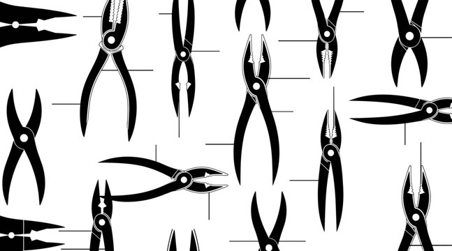 Pliers arranged in repetitive pattern on white background, no seamless