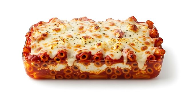 A delicious rectangular baked pasta dish covered with a thick layer of melted golden cheese. baked ziti