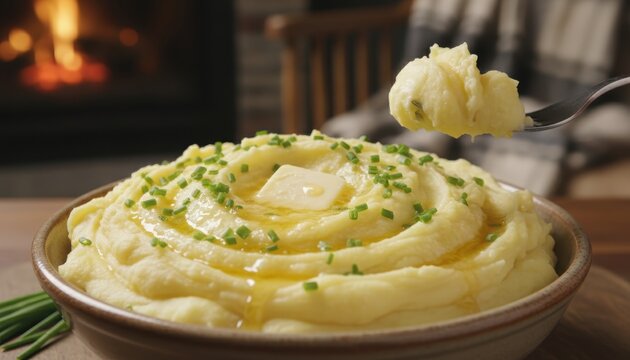 Bowl of Creamy Mashed Potatoes with Melting Butter and Fresh Chives, Cozy Fireplace and Rustic Interior Background, Warm Comfort Food for Winter Dinner