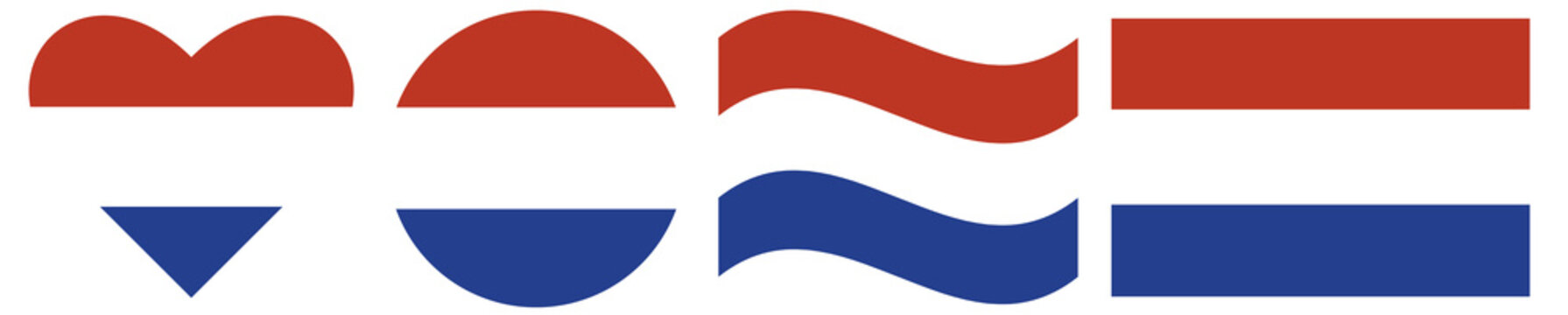 Netherlands flags collection isolated. Netherlands waving flag, round flag. flag of Netherlands in heart shape, rectangular flag.