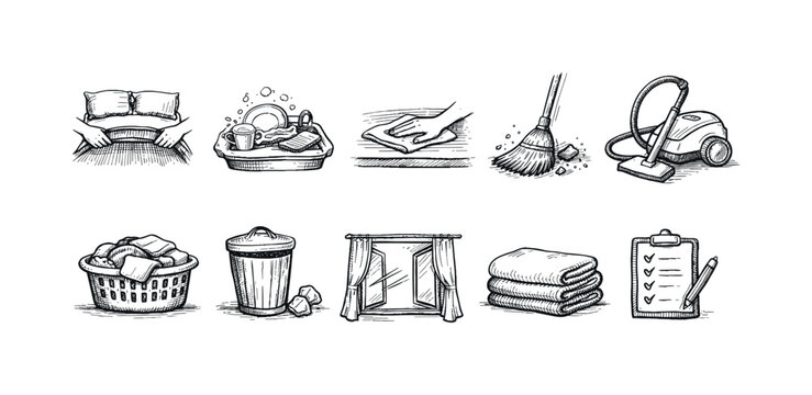 Illustrative icons for daily cleaning tasks and chores visualization