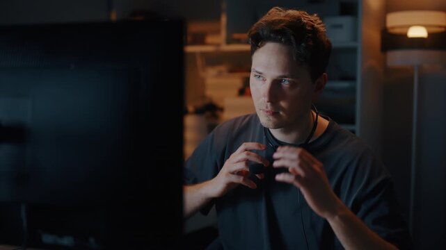 Angry gamer taking off headset and reacting to screen