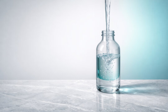 Plastic Free July campaign concept glass bottle being filled with tap water on marble surface symbolic sustainable living zero waste conscious consumption environmental awareness activism