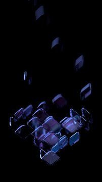 Abstract glass blocks forming a large cube structure on a black background, vertical 4k 3d animation