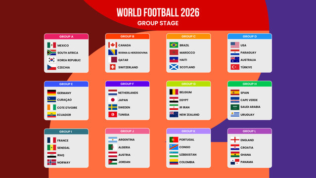 World Football 2026 Group Stage Table Template with Flags Colorful Tournament Bracket Layout