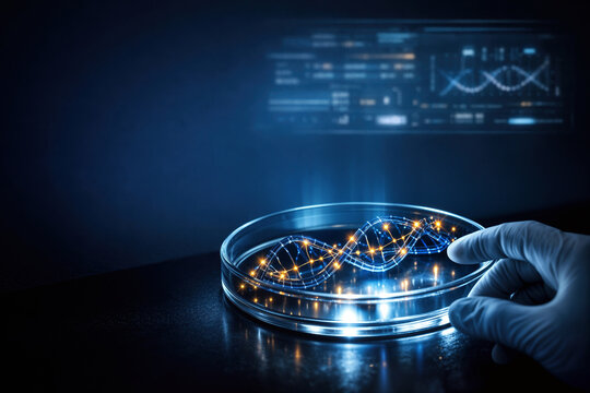 Petri dish with holographic DNA lattice and embryo selection decision pathways representing IVF embryo scoring genetic screening bioethics and reproductive technology choice