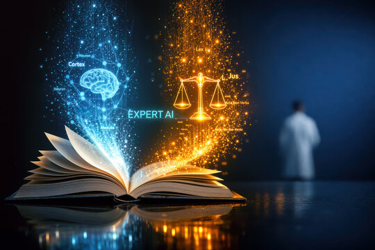 Expert AI book dissolving into dual holographic data columns with surgical blue neural network and amber legal scales over obsidian surface for medical AI and legal tech DSLM concept image
