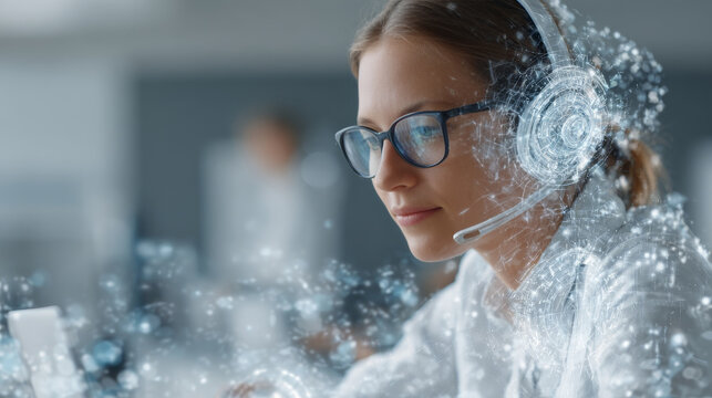 Young woman with glasses and headset works at computer, surrounded by digital holographic interface. Futuristic technology and artificial intelligence concepts are highlighted in this scene