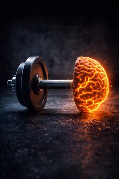 Conceptual 3D render of a heavy gym dumbbell with a glowing brain on one side representing mental strength and fitness discipline.