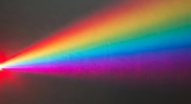 A vibrant laser beam disperses into a full spectrum of rainbow colors, illustrating the optical phenomenon of light refraction and its beautiful display of hues, perfect for scientific visualizations