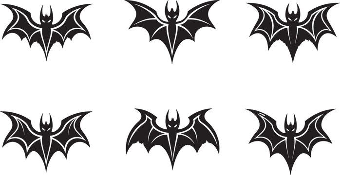 Set of six black bat silhouettes with spread wings and sharp features for halloween.