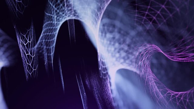 Abstract blue and purple mesh waves intertwine in a smooth flow, creating a dynamic digital landscape with depth, motion, and futuristic technology feel.