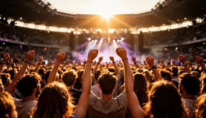 Fototapeta premium A crowd of enthusiastic people enjoy a live concert at an outdoor venue. The sun sets behind the stage, lighting up the scene with vibrant energy and excitement.