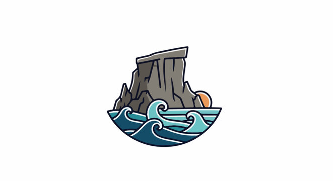 A stylized rock formation rises from the sea with a sun setting
