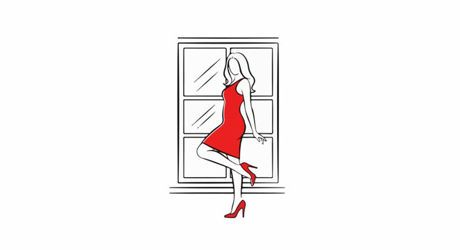 Stylized woman in red dress poses by a window with reflections