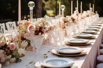 Fototapeta premium Outdoor wedding reception table set with floral arrangements, plates, crystal glasses, and candles creating a festive atmosphere