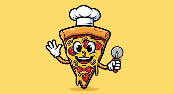 Cartoon pizza slice chef character with smile holding cutter on yellow
