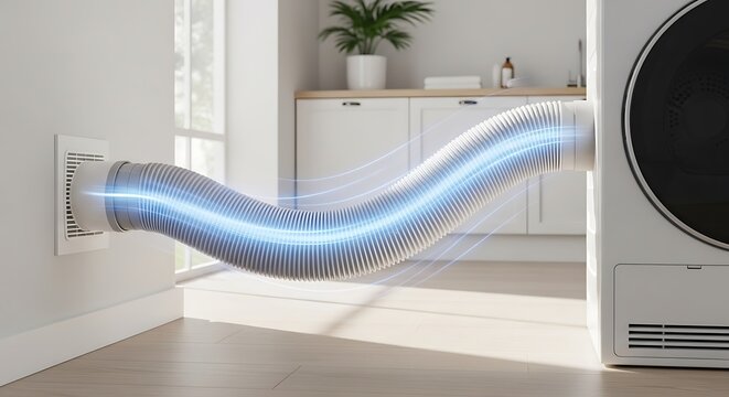 A view of the flexible venting hose connected from the clothes dryer to the wall exhaust vent port. dryer hose