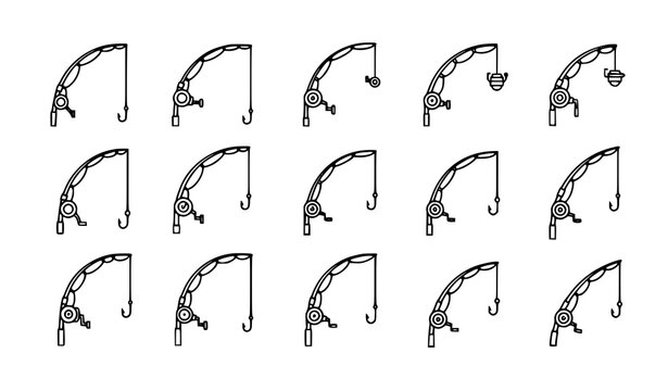 Fishing rod icon vector set with curved silhouette reel hook and line in minimal clean outline style