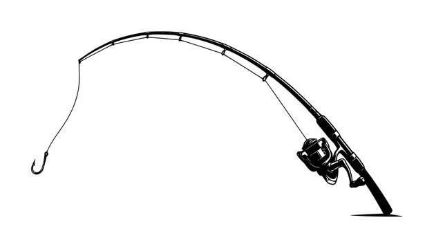 Dynamic curved fishing rod vector silhouette with reel and hook in action fishing sport style