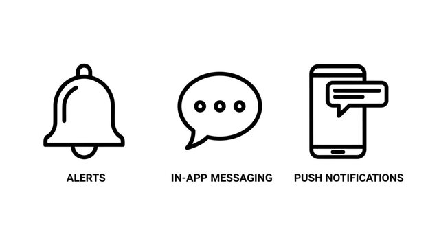 Alerts in-app messaging push notification icons with chat bubble in app messaging notifications smartphone communication information technology interface connection application assistance