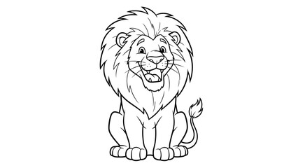 Cute cartoon lion sitting and smiling coloring page for kids © bagmany