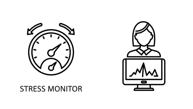 Stress monitor gauge and person with computer screen icon pressure wellbeing computer analysis illustration workload overload management tracking measurement indicator performance