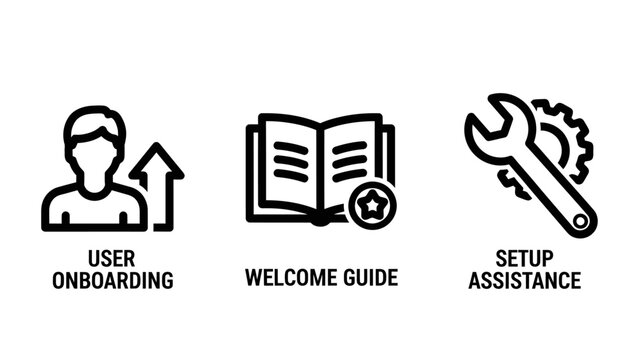 User onboarding welcome guide setup assistance icons with getting started customer service business assistance onboarding workflow interface illustration information instruction new user